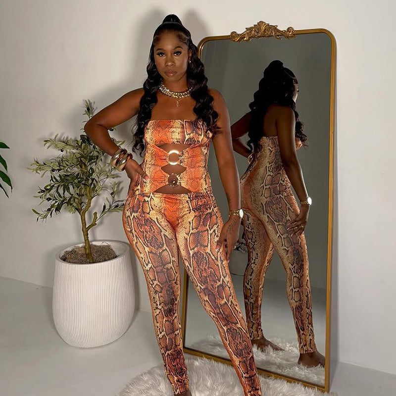MB10192 Women Snake‑Print Strapless Bodycon Jumpsuit