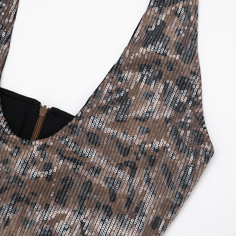 MB10108 Leopard Sequin Halter Backless Maxi Dress