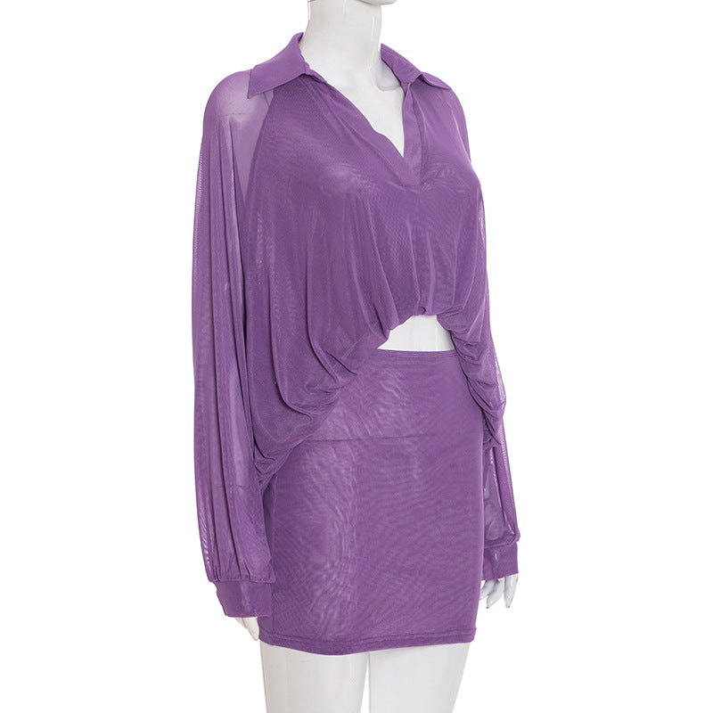 MB1401 Sheer Mesh Collared Crop Top & Mini Skirt 2-Piece Set