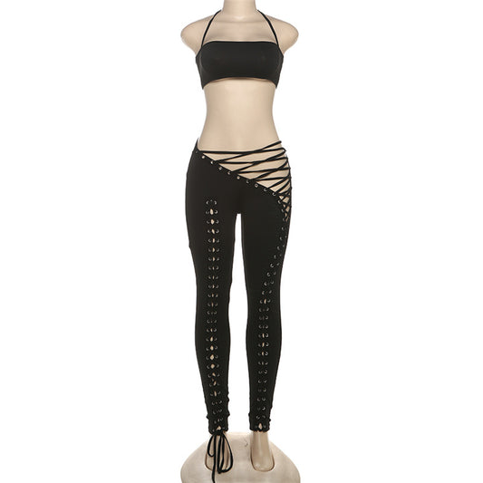 MB1807 Women's Nude Halter Bandeau Crop Top & Waist-Leg Lace-Up High-Waist Leggings Two-Piece Outfit