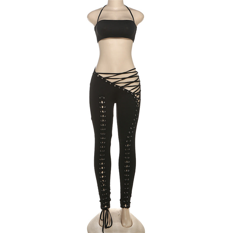 MB1807 Women's Nude Halter Bandeau Crop Top & Waist-Leg Lace-Up High-Waist Leggings Two-Piece Outfit