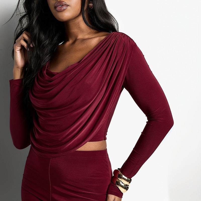 MB1066 Women's Cowl Neck Top &  Wide Leg Pants Two-Piece Set