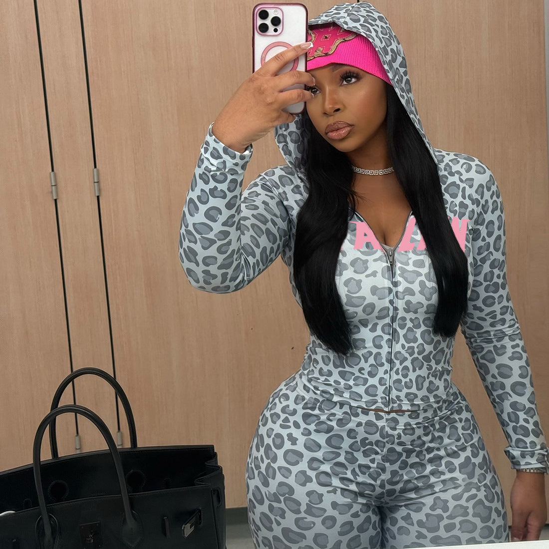 MB1830 Women's Leopard Print Zip Up Hoodie & Flared Pants 2 Piece Set