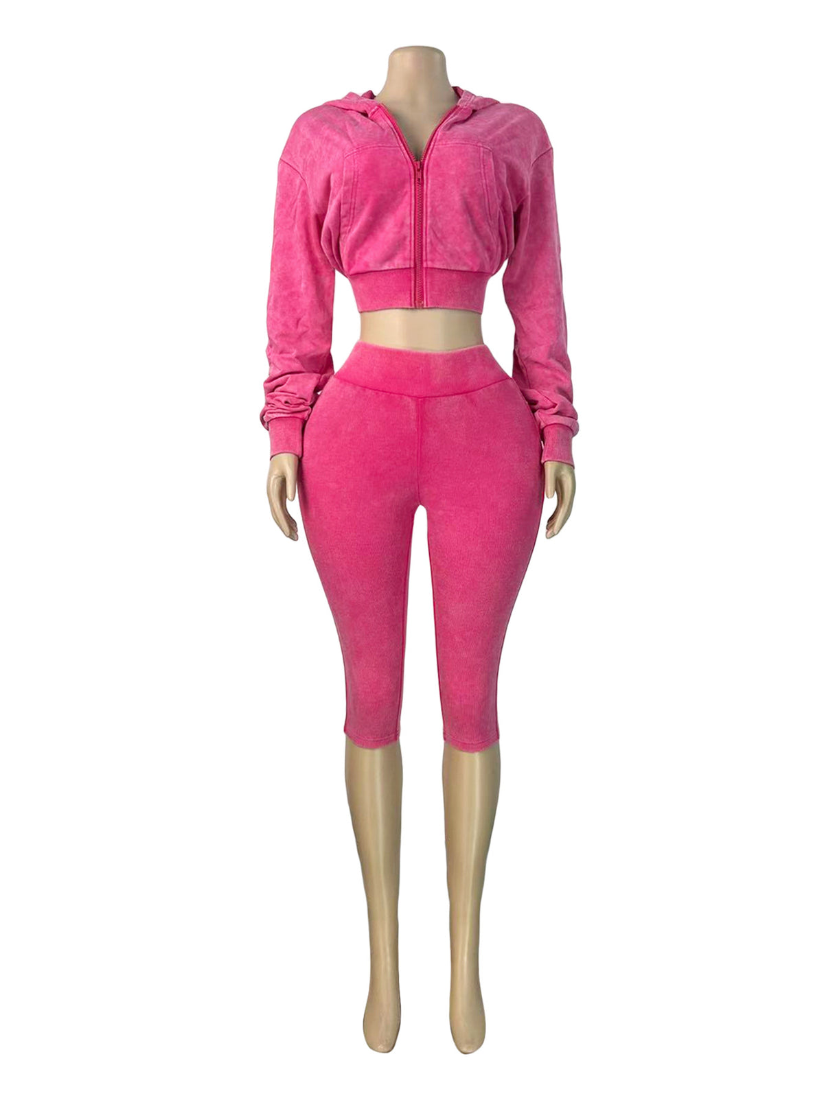MB1734 Washed Ribbed Cropped Hoodie & Scrunch‑Butt Capri Leggings 2‑Piece Set