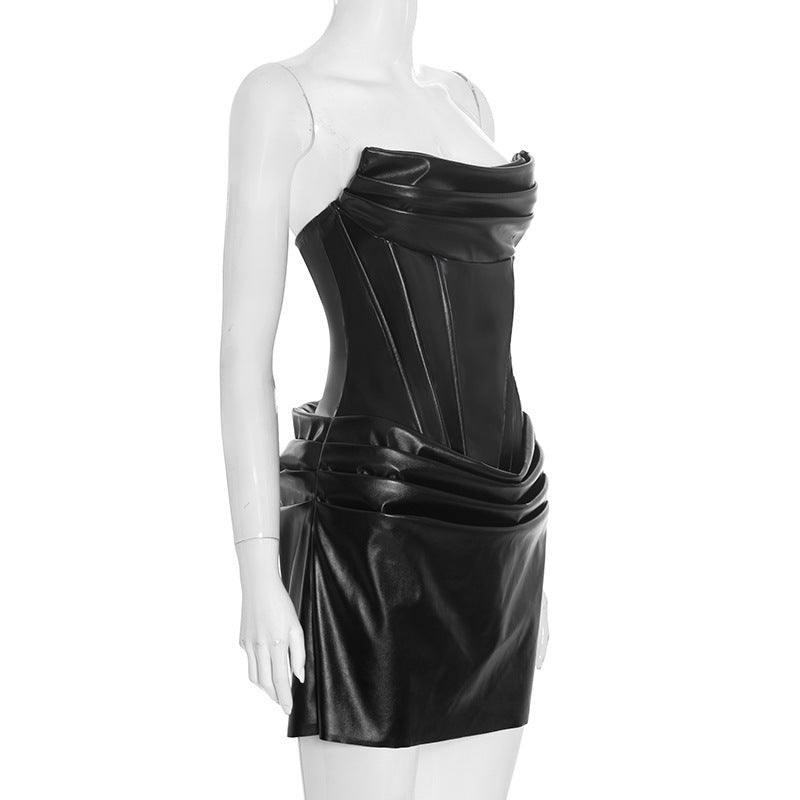 MB10116 PU Leather Ruched Corset Bustier Dress