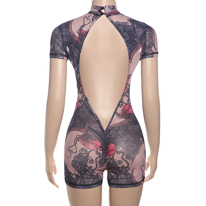 MB1112 Graphic Print Sheer Tight Backless Romper