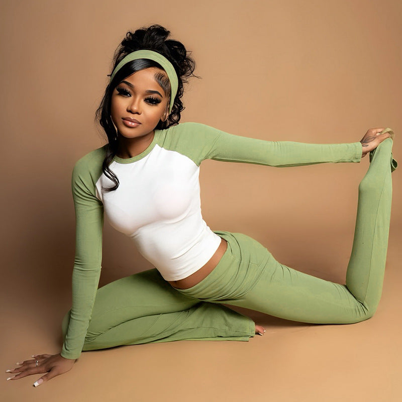 MB1820 Color Block Top & Flare Pants 2 Piece Set with Headband