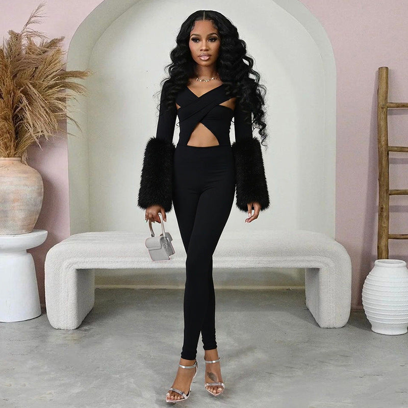 MB10139 Women’s Cutout Crisscross Faux Fur Cuff Jumpsuit
