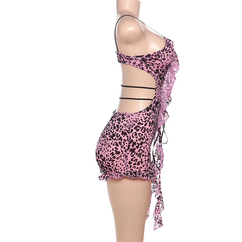 MB1502 Leopard Print Lace-Up Sheer Romper