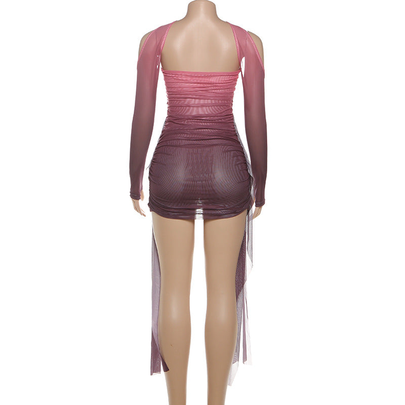 MB1809 Women's Pink-to-Red Gradient Ruched Mini Dress