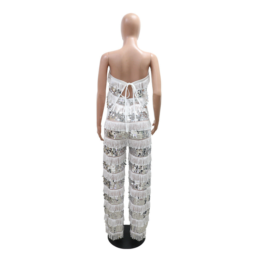 MB1222 Sequin Fringe Top & Wide Leg Pants Two Piece Set
