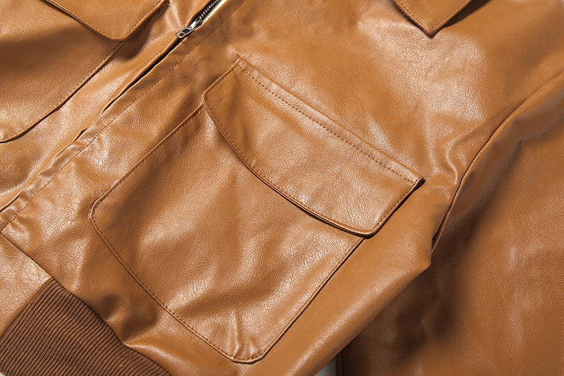 MB1137 Tan Cropped PU Leather Bomber Jacket with Cargo Pockets