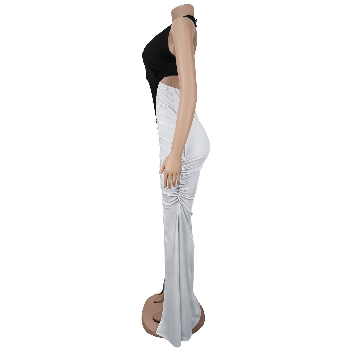 MB1601 Black & White Halter Plunging V Maxi Dress