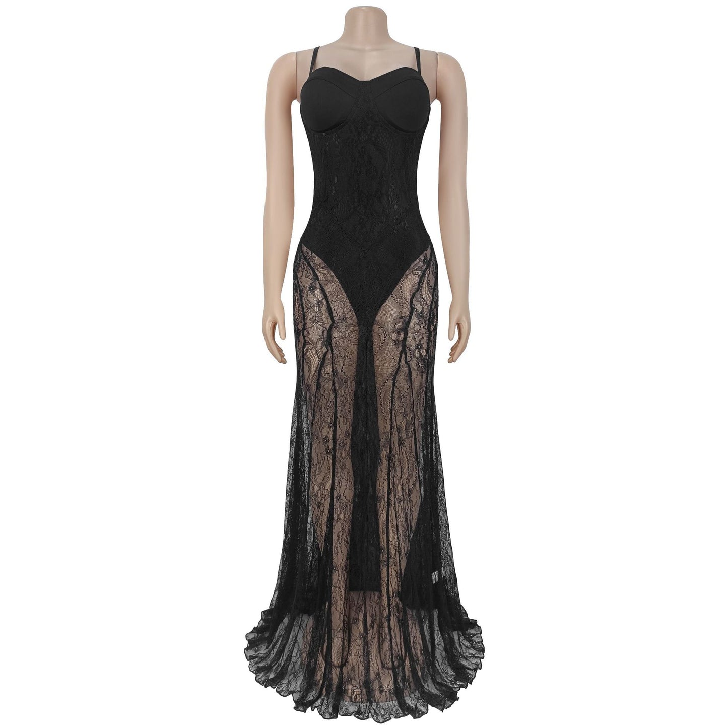 MB1626 Women's  Lace Spaghetti Strap Sheer Maxi Dress