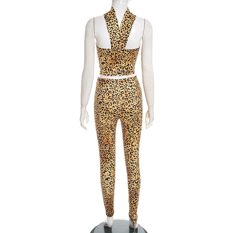 MB10147 Women's Leopard Print Tube Top & High Waist Leggings 2 Piece Set