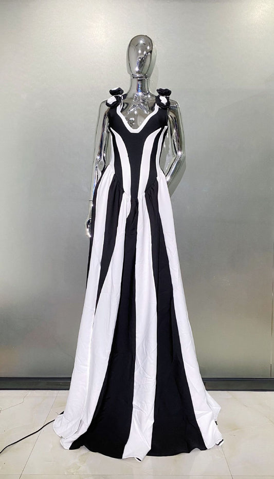 MB2106 Black White Striped Maxi Dress Party Vacation Gown