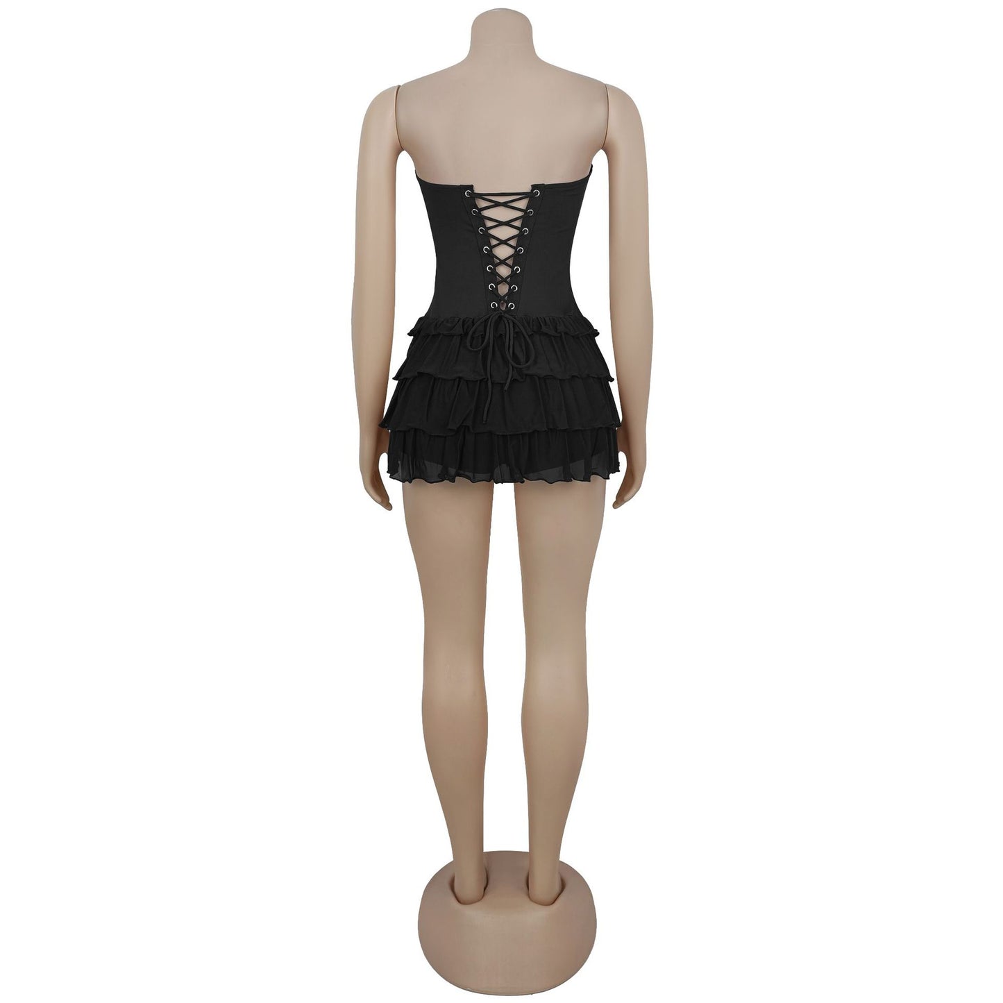 MB1618 Strapless Corset-Style Tiered Ruffle Mini Dress with Lace-Up Back