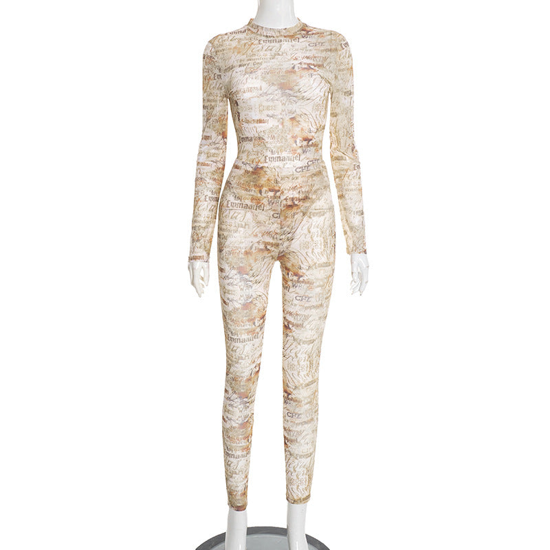 MB10124 Vintage Text Print Sheer Mesh Two Piece Set - Bodysuit & Skinny Pants