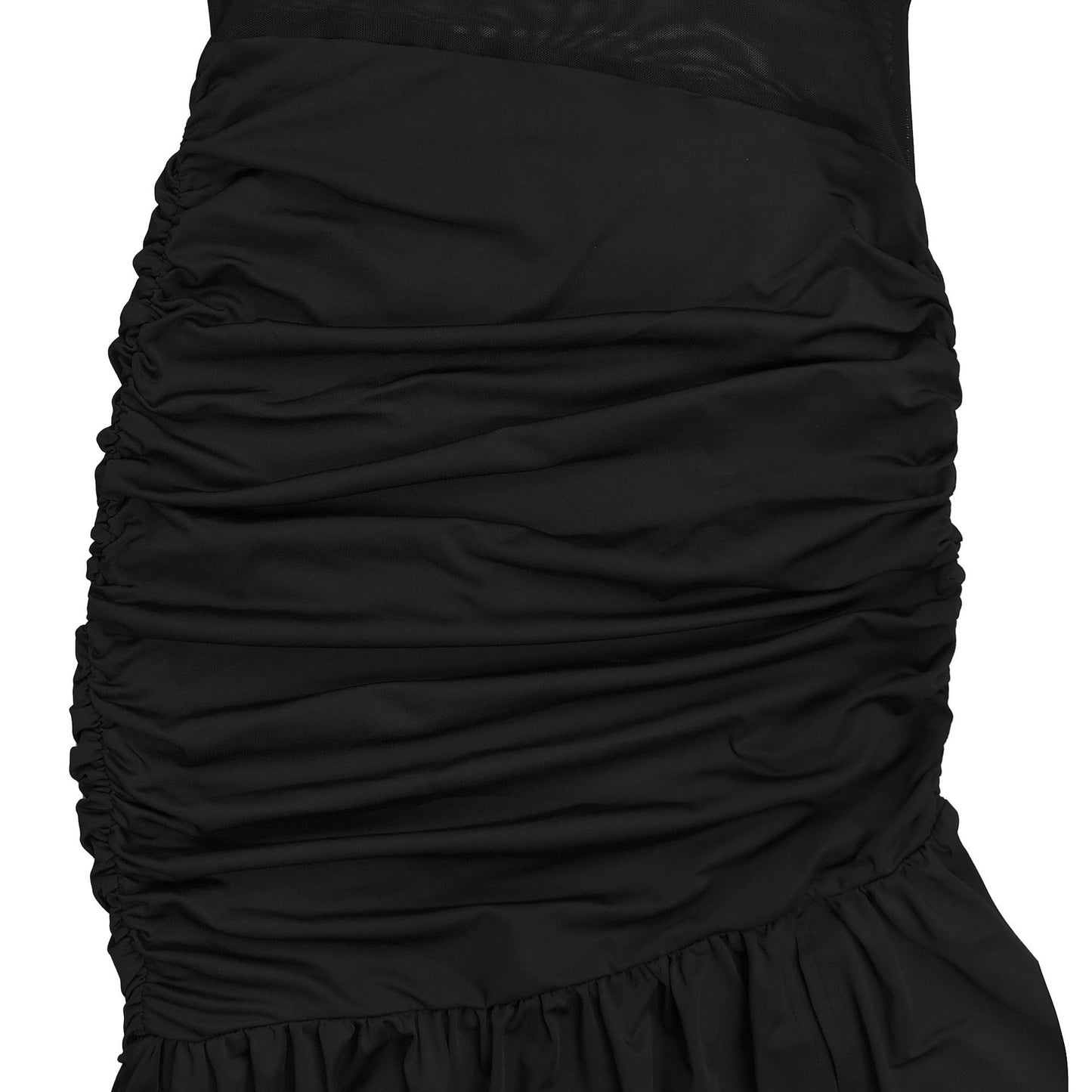 MB1614 Off-the-Shoulder Mesh Cutout Ruched Maxi Dress with Slit