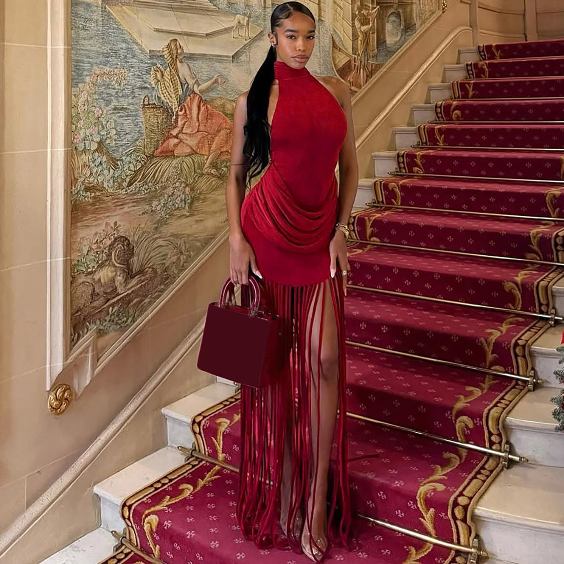 MB1158 Women's Halter Neck Maxi Dress with Long Fringe Tassels