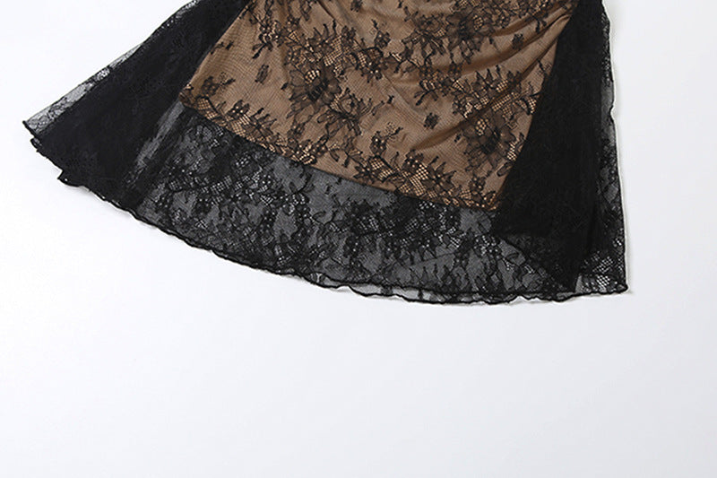 MB1141 Black Sheer Deep V Crop Top & Mini Skirt for Women