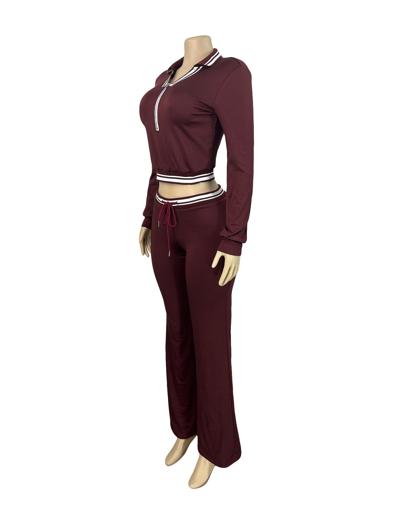 MB1713 Women's Half-Zip Crop Top & Drawstring Wide-Leg Pants Two-Piece Set