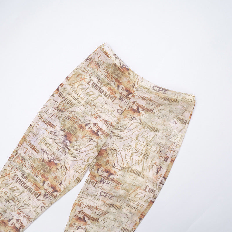 MB10124 Vintage Text Print Sheer Mesh Two Piece Set - Bodysuit & Skinny Pants