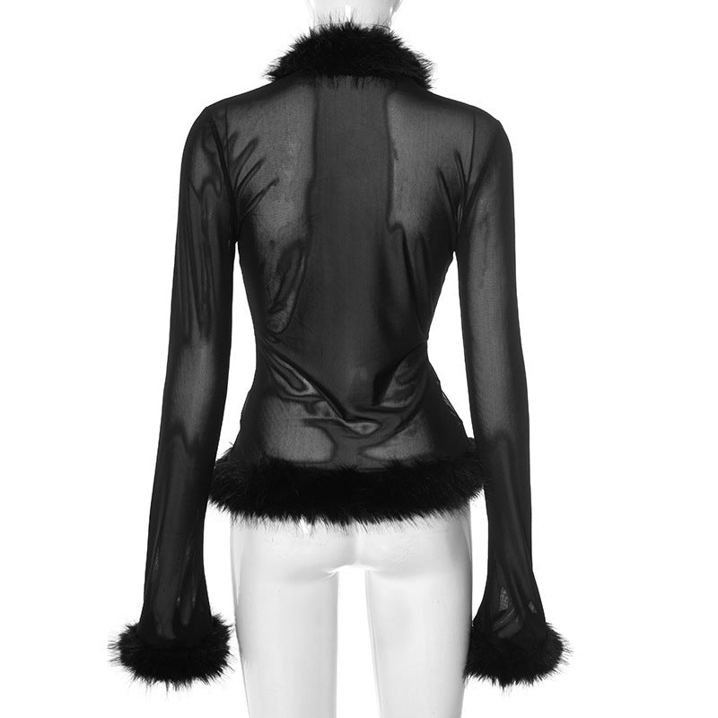 MB10134 Women's Black Sheer Mesh Faux Fur Trim Cardigan Top
