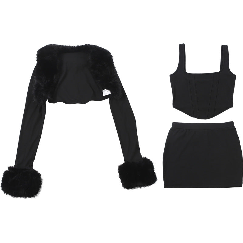 MB1813 Women's Faux Fur 3-Piece Set Crop Top Mini Skirt Long Sleeve Shrug