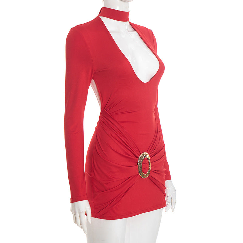 MB1448 Choker Neck Cutout Ruched Mini Dress