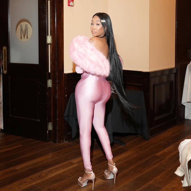 MB10140 Women’s Off-Shoulder Faux Fur Trim Cutout Jumpsuit