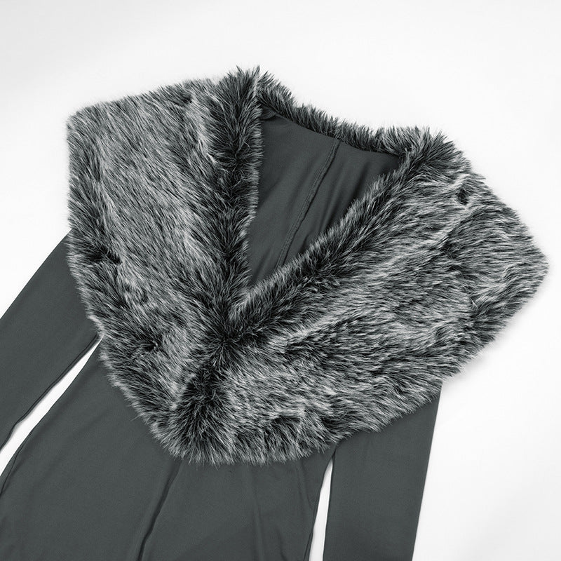 MB1065 Bodycon Jumpsuit with Faux Fur Collar & Footed Design