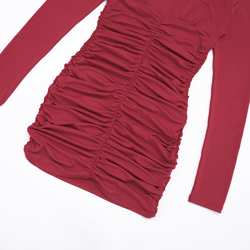 MB1435 Burgundy Turtleneck Ruched Bodycon Mini Dress - Long Sleeve Ruched Detail Evening Dress for Women