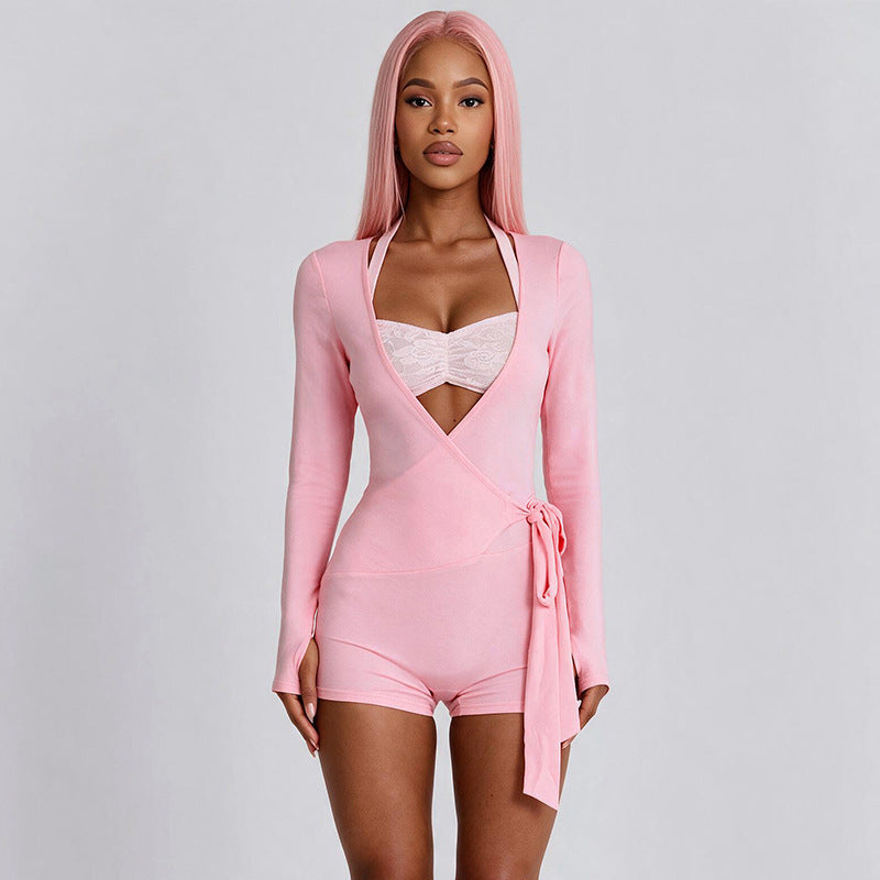 MB10198 Women Wrap V‑Neck Long‑Sleeve Romper