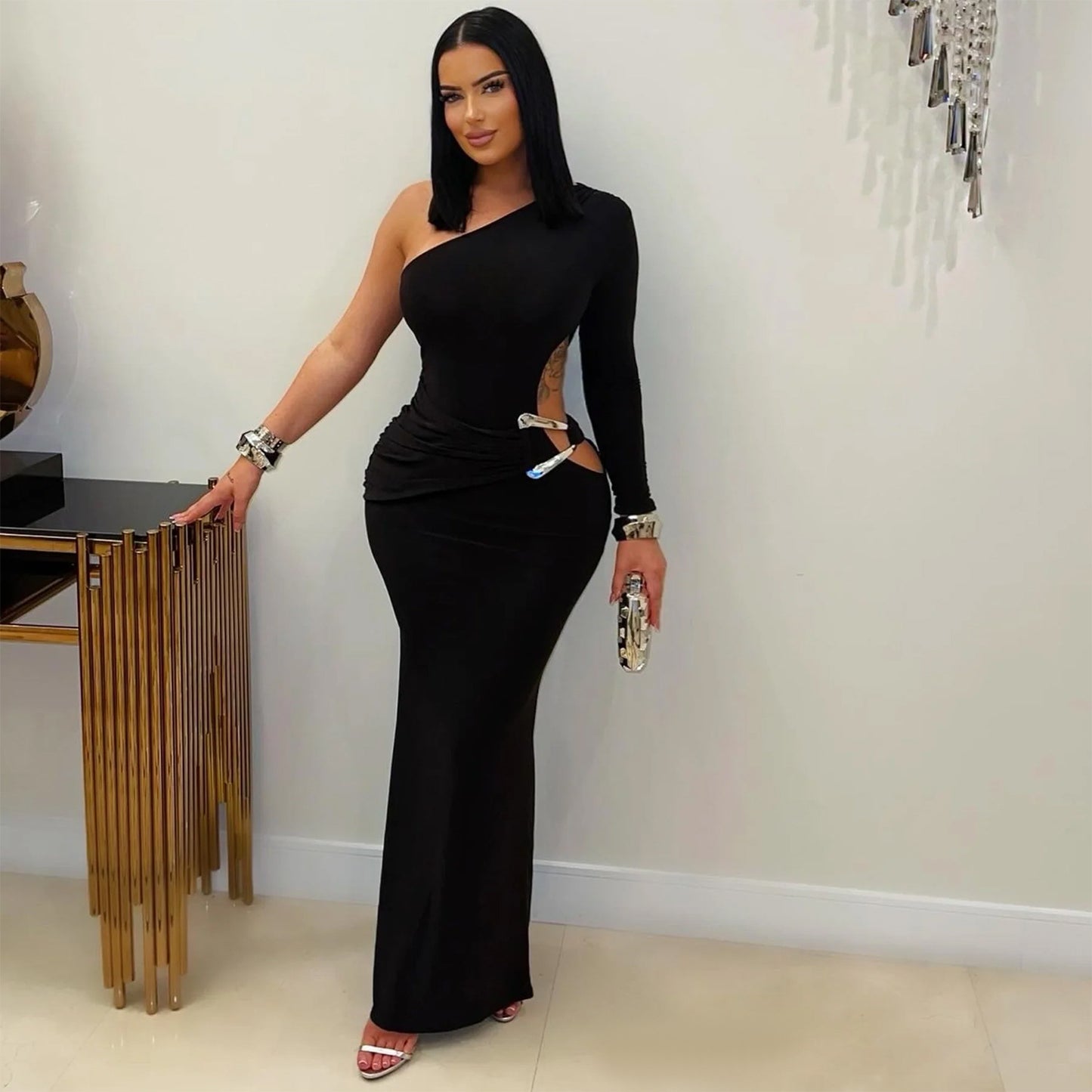 MB1628 Women's One Shoulder Long Sleeve Cut Out Maxi Dress