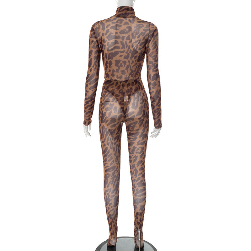 MB1060 Leopard Mesh Jumpsuit & Leggings Two-Piece Set for Women