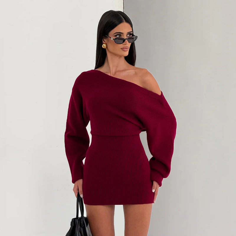 MB1441 Off Shoulder Knit Mini Dress with Tie Waist and Balloon Sleeves