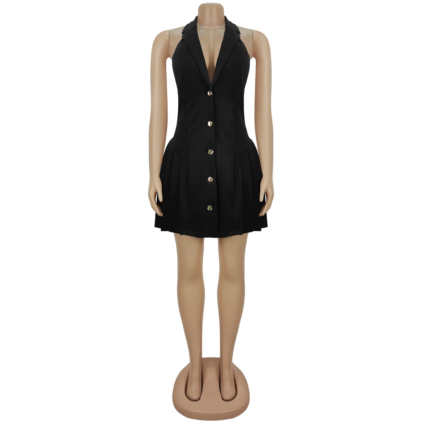 MB1615 Halter Blazer-Style Mini Dress with Gold Buttons
