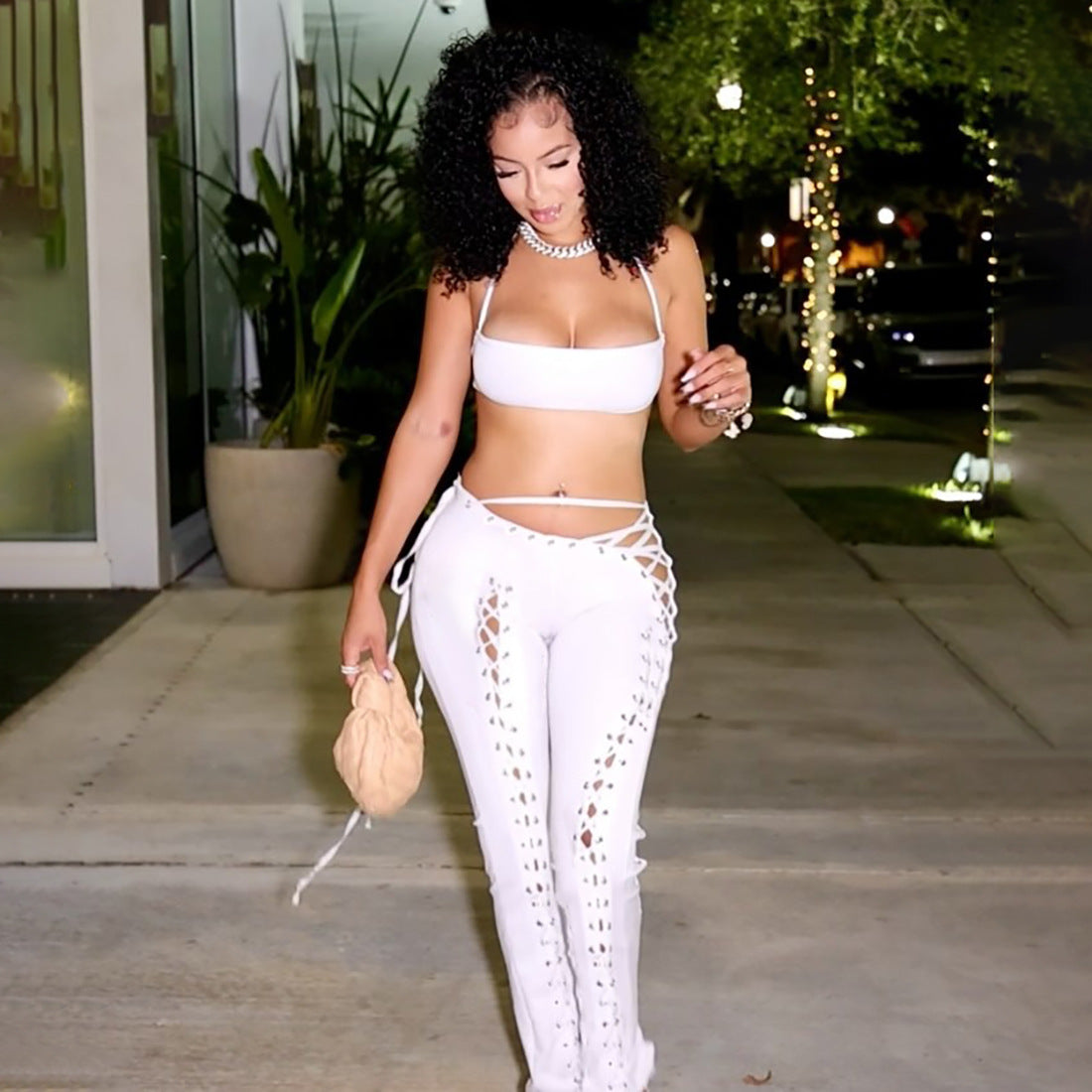 MB1807 Women's Nude Halter Bandeau Crop Top & Waist-Leg Lace-Up High-Waist Leggings Two-Piece Outfit