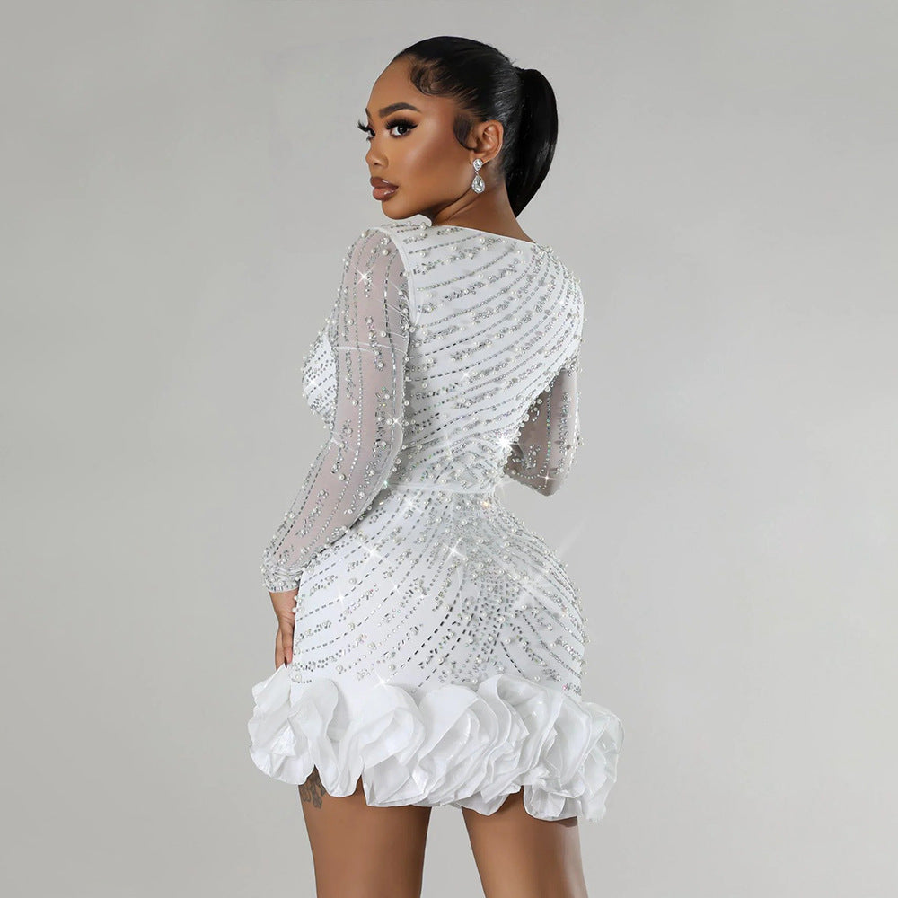 MB1210 Women's Luxury Rhinestone Beaded Mini Dress