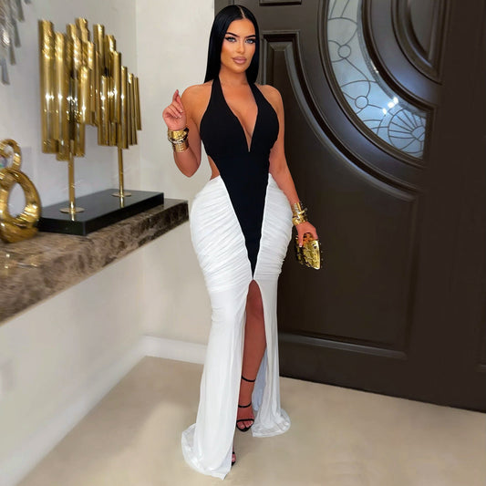 MB1601 Black & White Halter Plunging V Maxi Dress