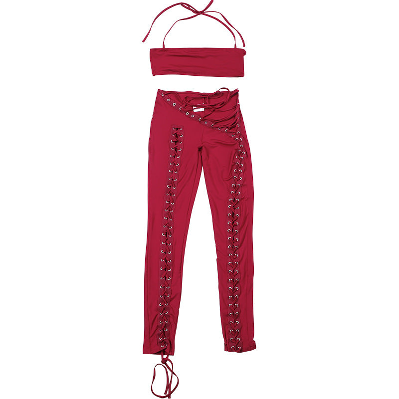 MB1807 Women's Nude Halter Bandeau Crop Top & Waist-Leg Lace-Up High-Waist Leggings Two-Piece Outfit