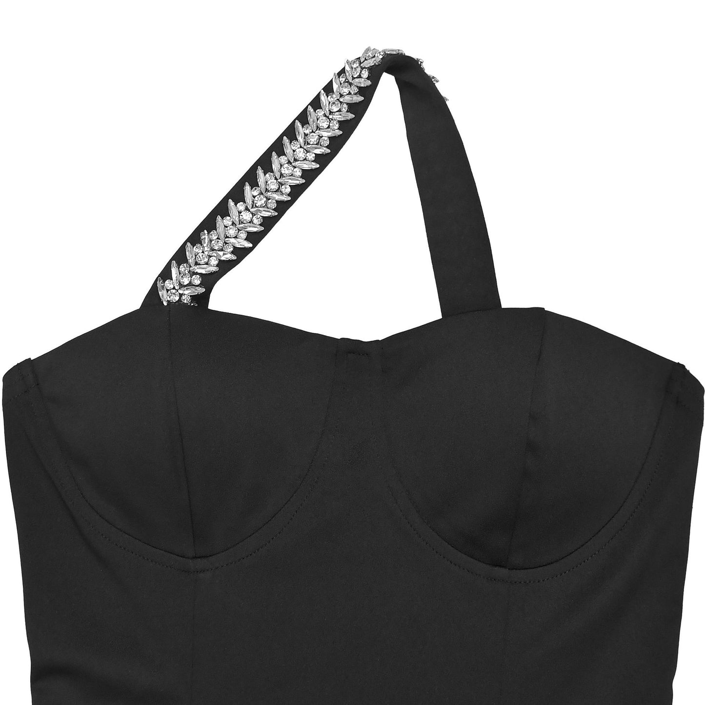 MB1611 Black One-Shoulder Rhinestone Bodycon Dress