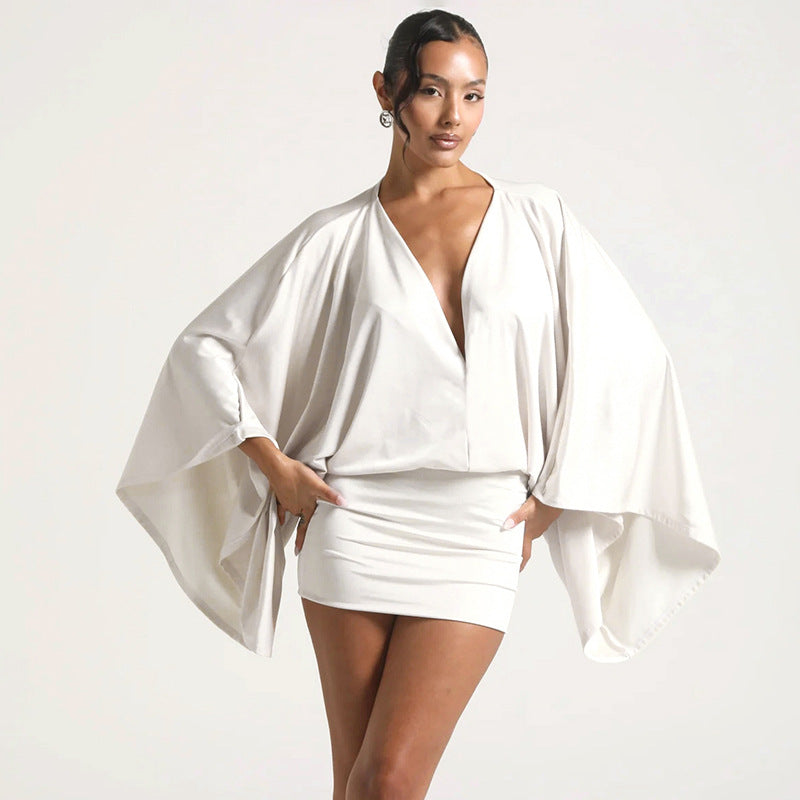 MB1072 Batwing Sleeve V-Neck Bodycon Mini Dress