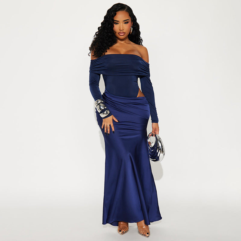 MB1416 Off-the-Shoulder Long Sleeve Satin Side Slit Maxi Dress
