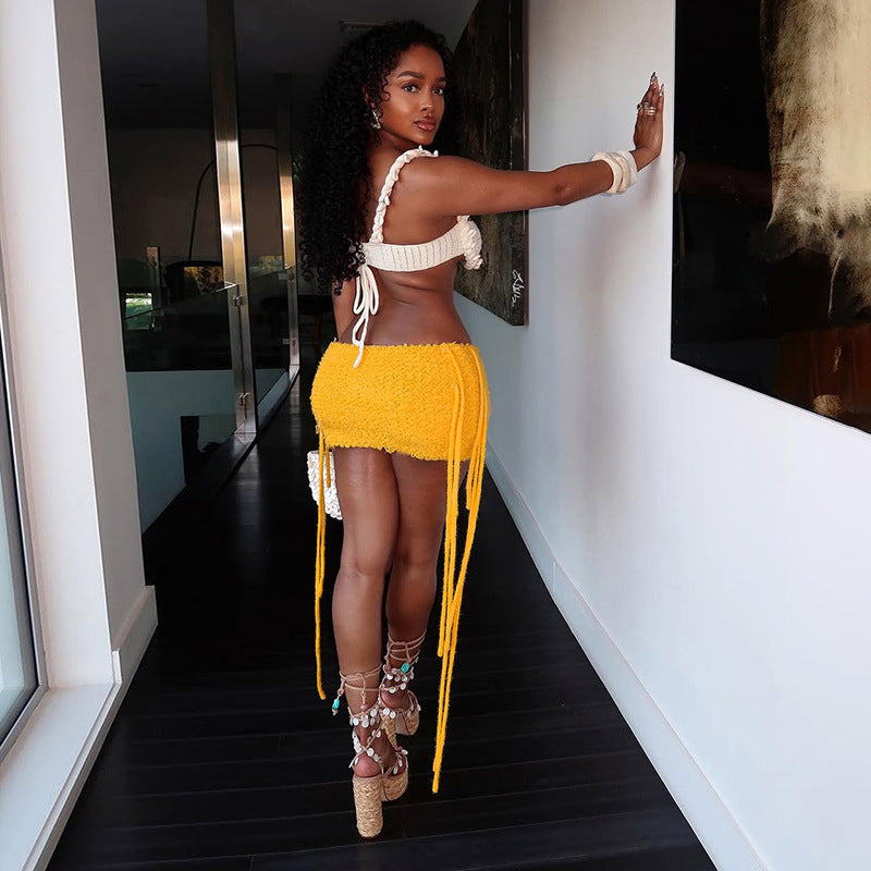 MB1504 Knit Fringe Bodycon Mini Skirt for Party