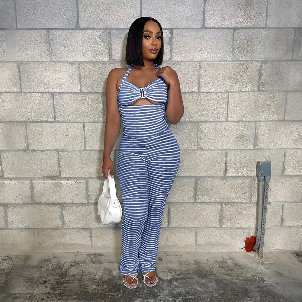 MB1220 Jacquard Stripe Crop Top & Wide Leg Pants Two Piece Set