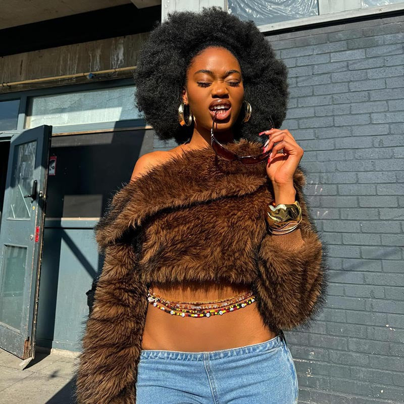 MB10113 Brown Faux Fur Off-The-Shoulder Cropped Top