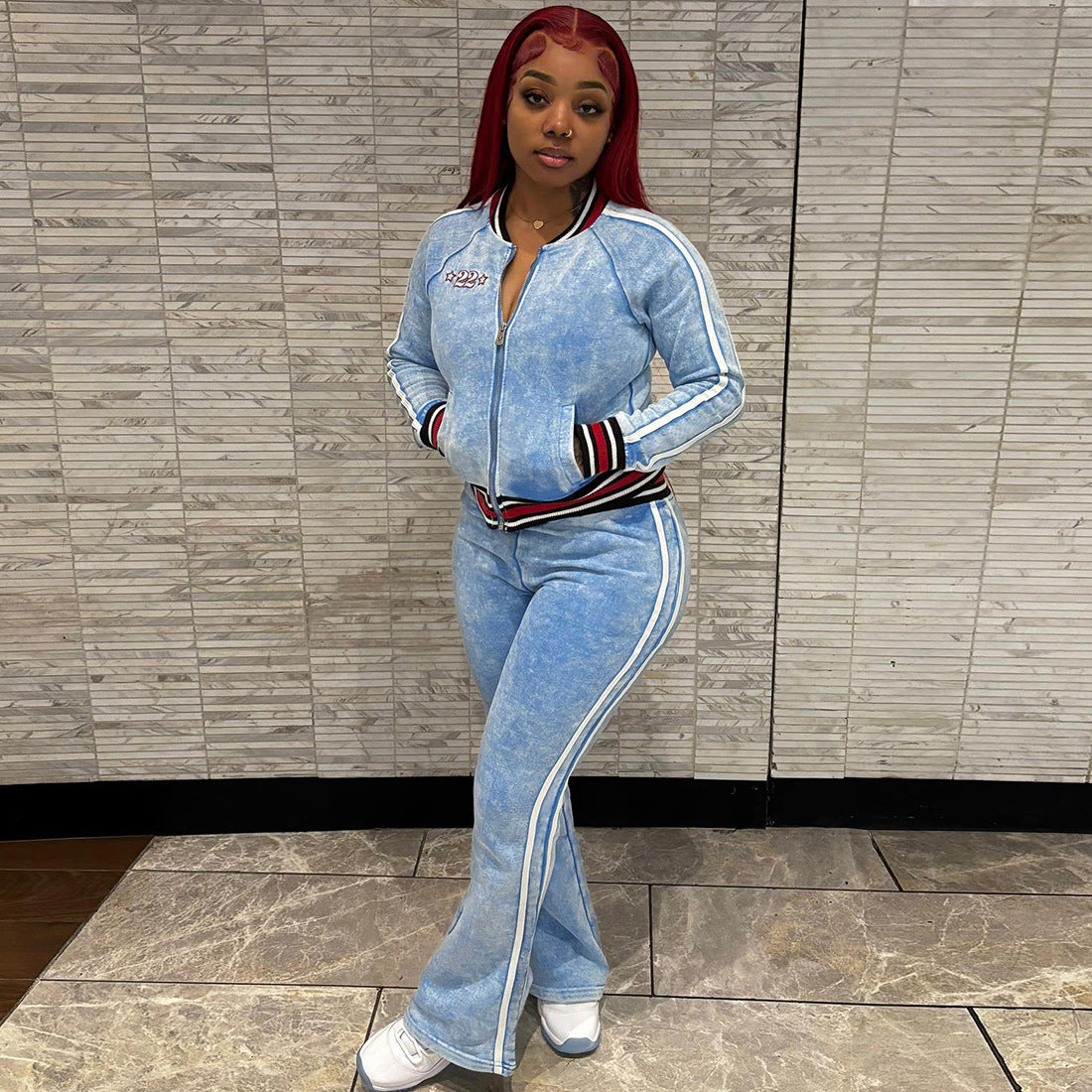 MB1526 Women's Sky Blue Acid Wash Velour 2 Piece Tracksuit
