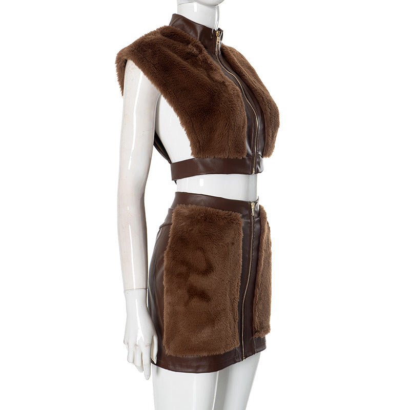 MB1067 Women's Faux Fur & PU Leather Two-Piece Set